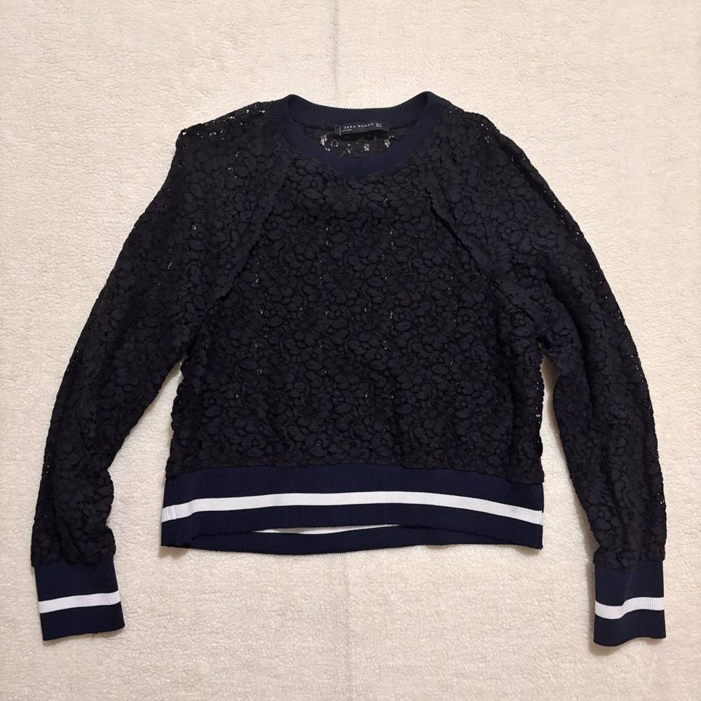 Zara Womens M Sheer Black Lace Sweatshirt Long Sleeve Crew Neck Pullover